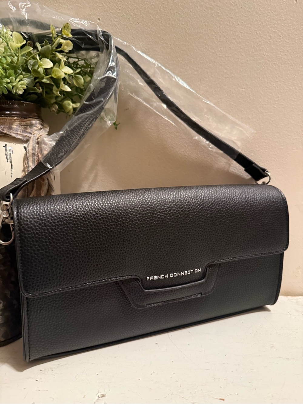French Connection Kitty Pebble Leather Shoulder Bag Black NWT